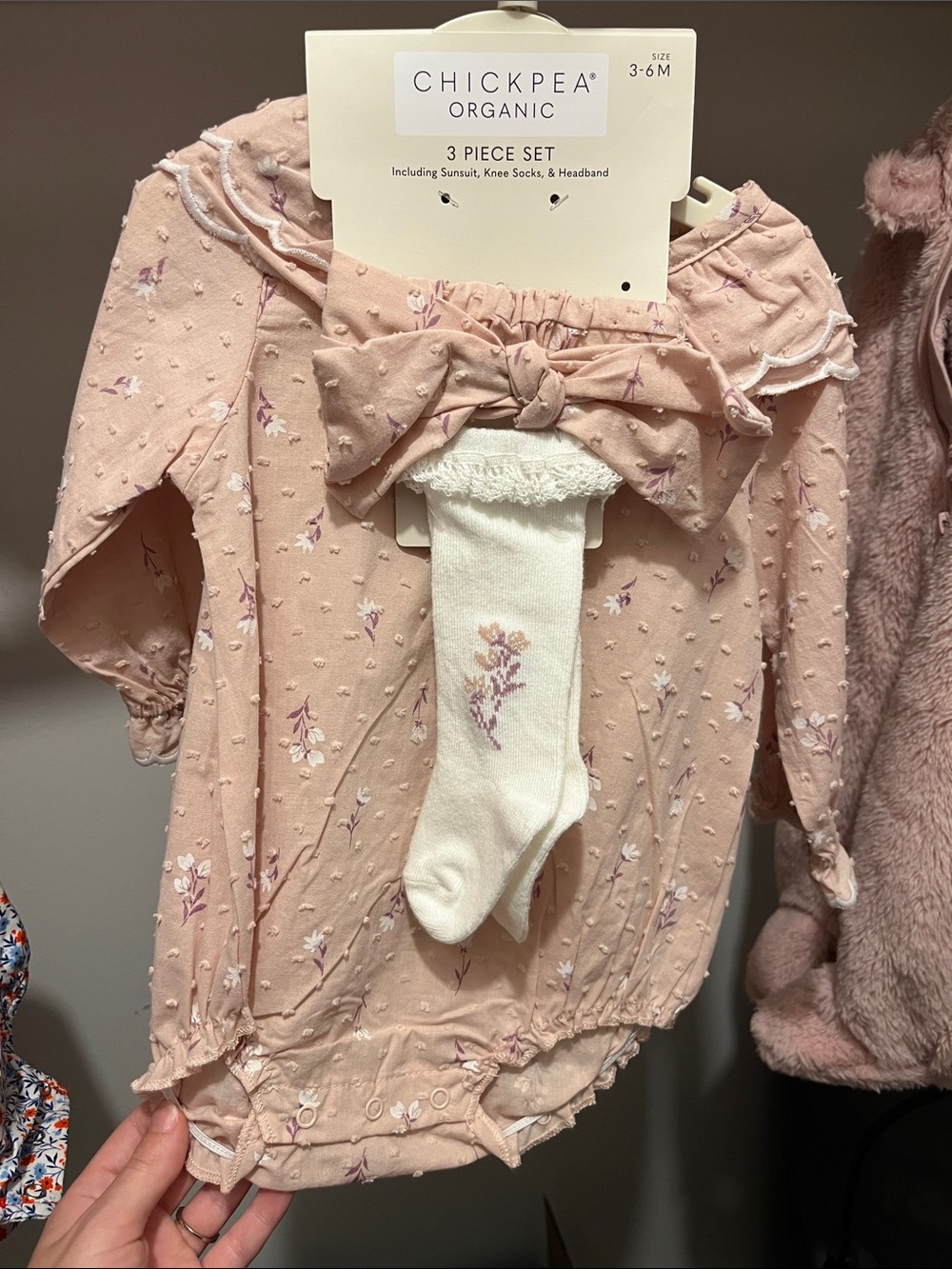 chick pea Pink Floral Organic 3-Piece Baby Bodysuit Set with Headband